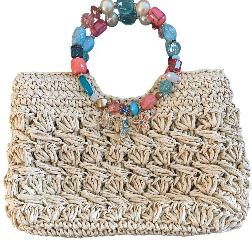 Cappelli Straworld, Inc. -  Straw Handbag with Beaded Handle and Sea Char…